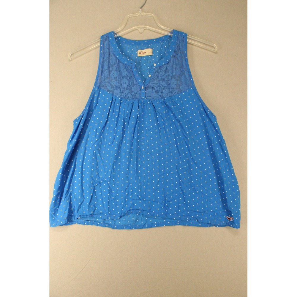 Hollister Tank Top Womens L Blue Polka Dot Lace Yoke Sleeveless Boho Y2K